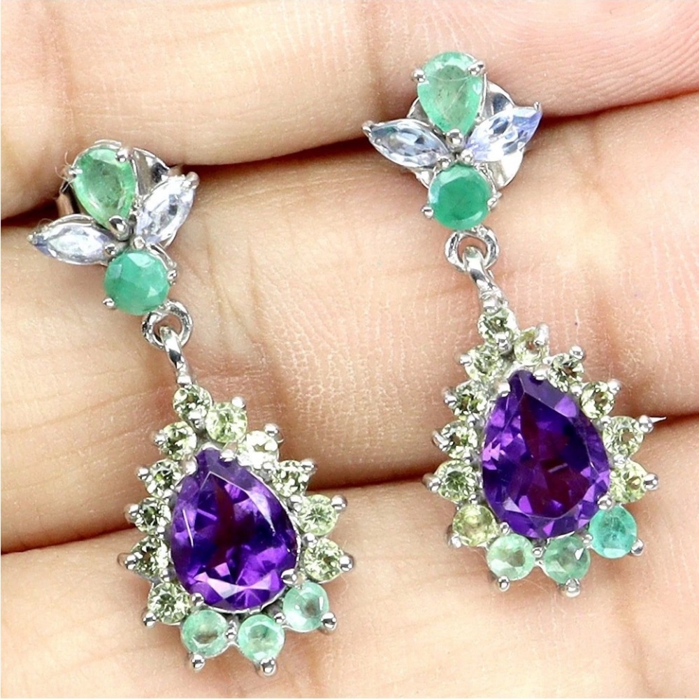 Genuine AA Amethyst, Emerald & Peridot & Tanzanite Gemstone Earrings - Picture 3 of 6